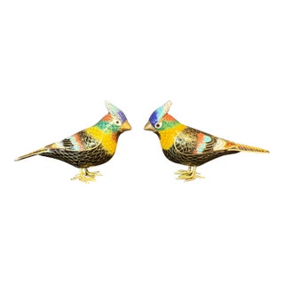 Pair of Vintage Chinese Cloisonné Enamel Bird Figurines Featuring Vibrant Blended Colors of Black, Gold, Green, and Maroon For Sale