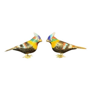 Pair of Vintage Chinese Cloisonné Enamel Bird Figurines Featuring Vibrant Blended Colors of Black, Gold, Green, and Maroon