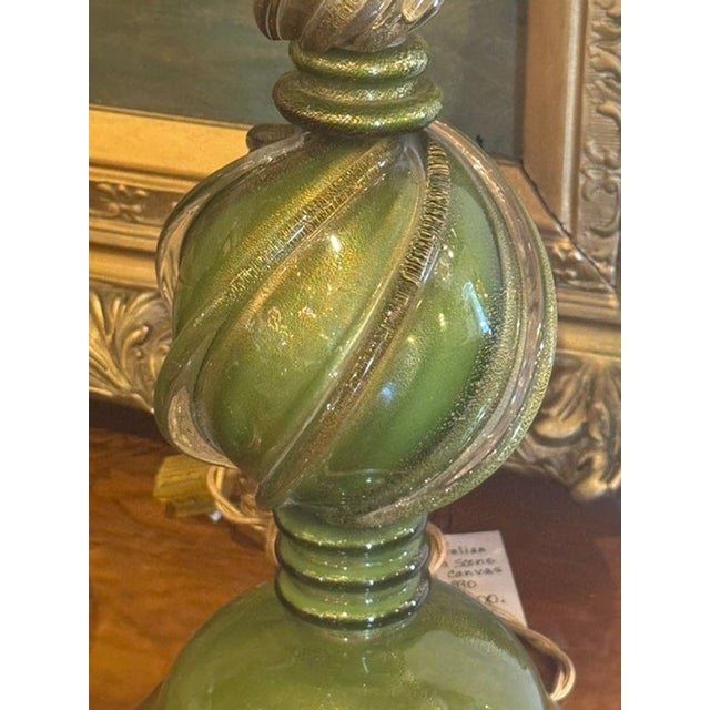 Late 20th Century Pair of Vintage Murano Green Glass Lamps For Sale - Image 5 of 5
