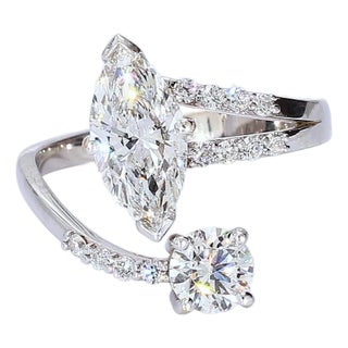 18k White Gold Marquise & Round Brilliant Lab-Grown Diamond Bypass Ring Size 7.5 For Sale