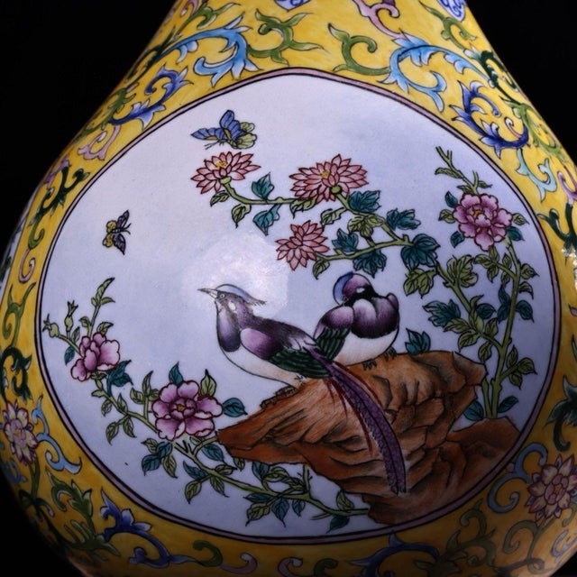 Yellow Vintage Chinese Gilt Copper Enamel "Bird & Flower" Garlic-Mouth Vase - 1180g For Sale - Image 8 of 9