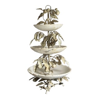 Vintage 3-Tier Decorative Olive Tree Serving Stand Made of Marble Bowls & Metal Stand 21.5"x 11.25" For Sale