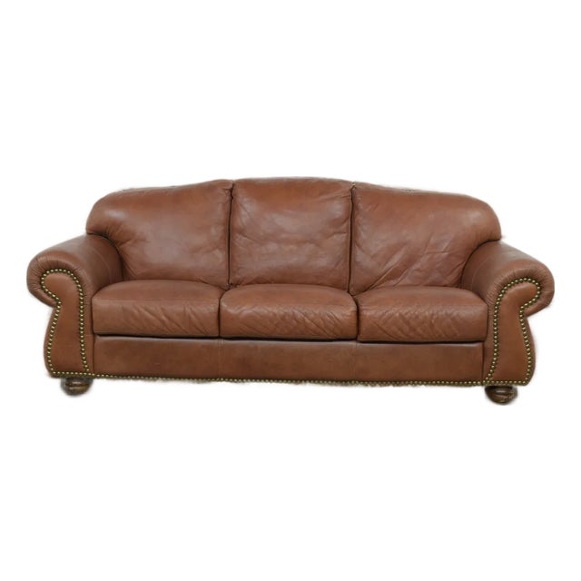 Chateau D’Ax Italian Leather Sofa With Nailhead Trim For Sale