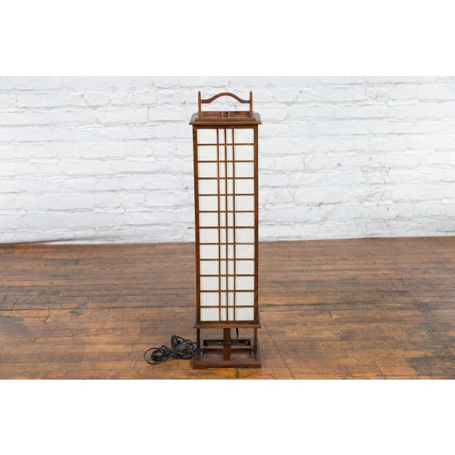 Japanese Vintage Tall Japanese Square Rice Paper Panel Table Lamp For Sale - Image 3 of 12