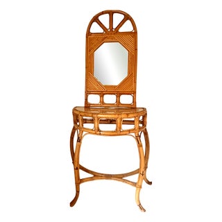 Arched Demi-Lune Console in Rattan and Bamboo with Mirror from Vivai del Sud, Italy, 1960s For Sale