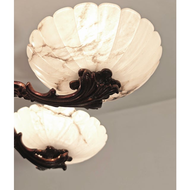 Art Deco Bronze Chandelier with Six Alabaster Lampshades, Made in Italy in the 1950s/1960s. For Sale - Image 12 of 18