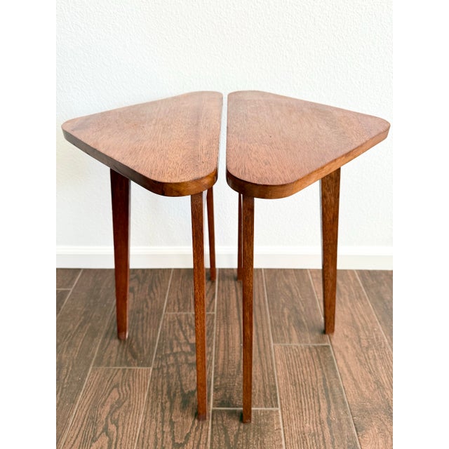 Wood Pair of Vintage Modern Folding Triangular Side Tables Artisan Made MCM For Sale - Image 7 of 12