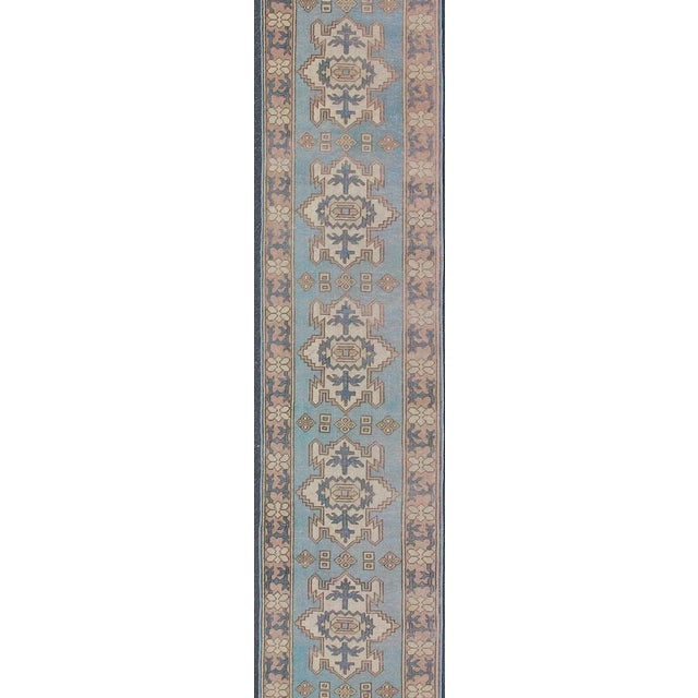 Long Vintage Turkish Runner With Geometric Design in Light Blue and Taupe 2'9 X 17'4 For Sale - Image 4 of 12