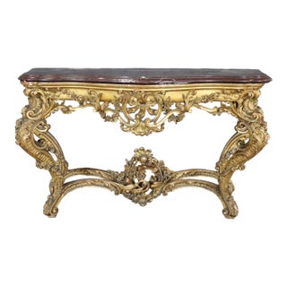 French Louis XV Giltwood Carved Walnut Marble Top Console Table Circa 1890s For Sale