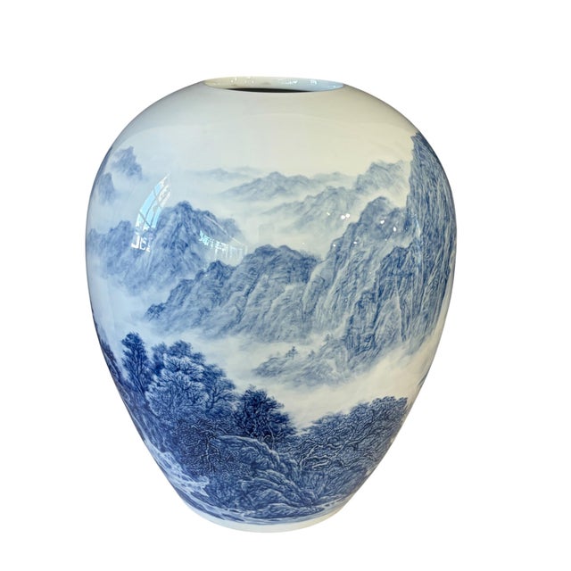 1980s Vintage Chinoiserie Egg Shaped Blue and White Vase 16" H For Sale - Image 5 of 10