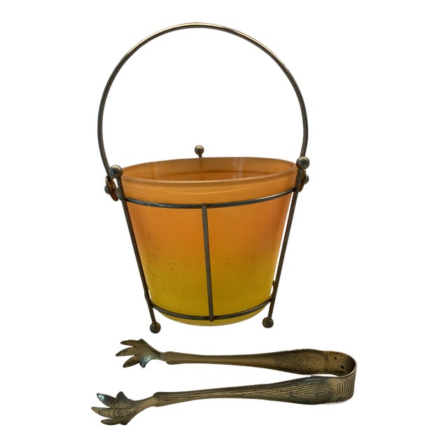 1950s Mid Century Ice Bucket With Tote and Tongs For Sale