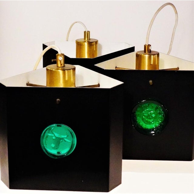 A trio of triangular Pendants light by Hans Bergstrom and Erik Hoglund Sweden 1950. Rare triangular shape, green colored...