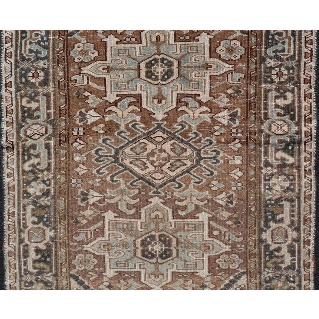 Tan Antique Persian Heriz Rug With Geometric Medallion Design in Mocha, Blue, & Tan For Sale - Image 8 of 12