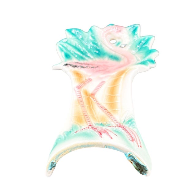Modernist pink and green Flamingo ceramic spoon rest by Sarsaparilla Deco. The spoon rest features a detailed pink...