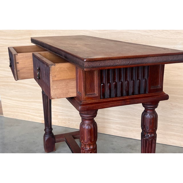 Early 20th Century Catalan Spanish Carved Walnut Console Table with Two Drawers