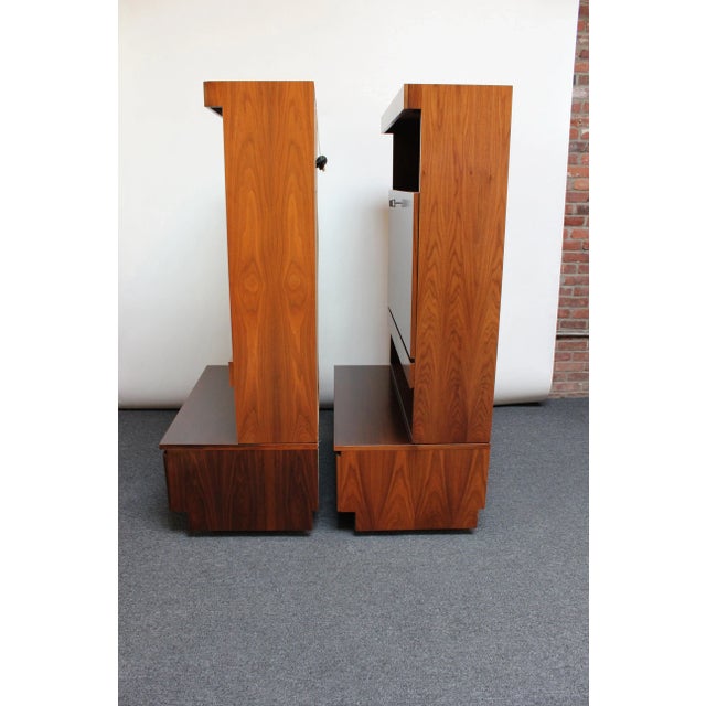 Pair of Italian Free-Standing Wall Units in Walnut on Ebonized Plinth Bases For Sale - Image 4 of 13