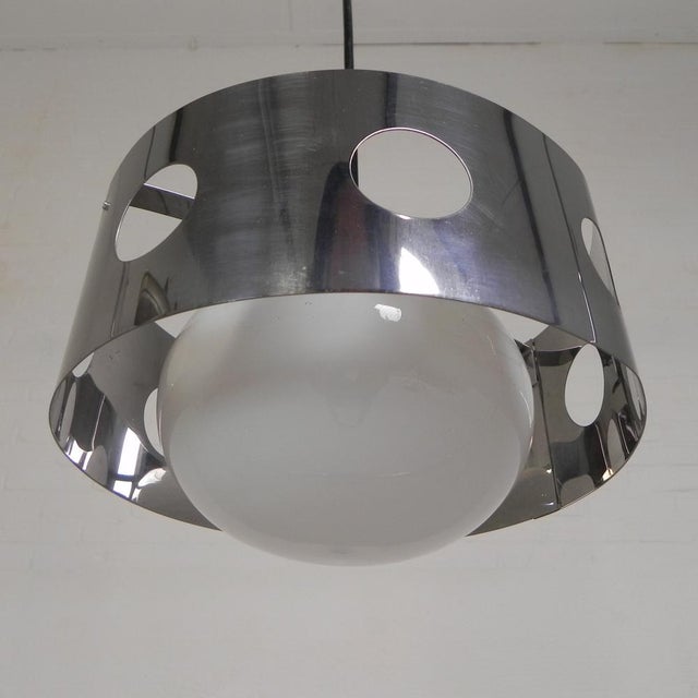 Silver Vintage Pendant Lamp with Chrome Cylinder and Glass Globe, 1960s For Sale - Image 8 of 13