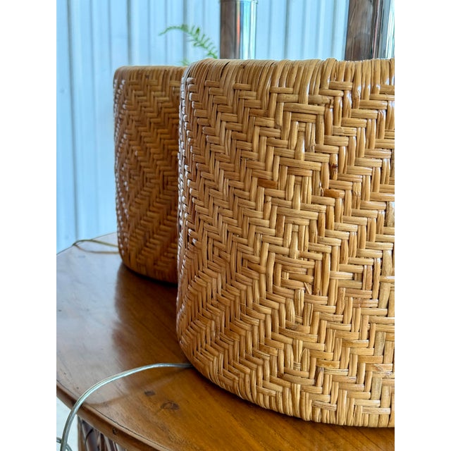 Tan Pair of Mid-20th Century Organic Modern Rattan Weave and Chrome Table Lamps For Sale - Image 8 of 12