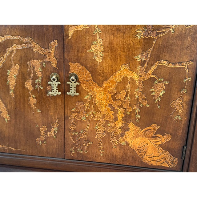 1970’s Asian Inspired Console Cabinet by Broyhill. Walnut With Decorative Brass Hardware. For Sale - Image 4 of 11