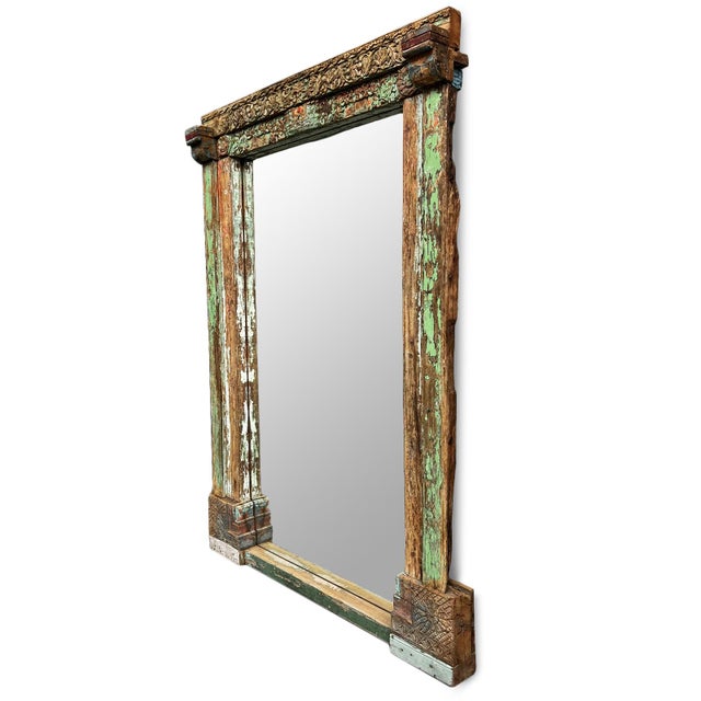Vintage wood carved Indian doorway frame repurposed into a stunning one of a kind large mirror. Aged rustic original green...
