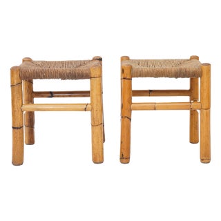 Stools in Rattan and Woven Straw, 1960s, Set of 2 For Sale