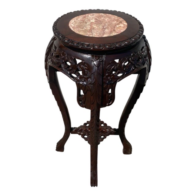 Mid-Century Chinese Carved Rosewood Marble Top Plant Stand Table/ Pedestal For Sale
