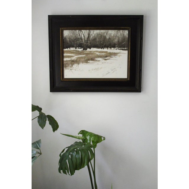 Contemporary Path Forward by Mo Myra | Varnished Watercolor on Paper of a winter landscape with trees and snow For Sale - Image 3 of 4