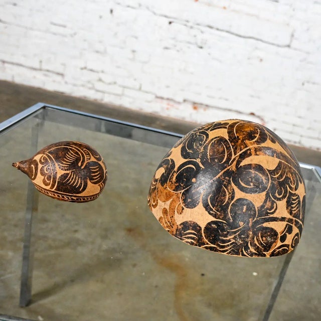 Mid to Late 20th Century South American Tribal Gourd Bowls Hand Carved Floral Details a Pair For Sale - Image 9 of 12
