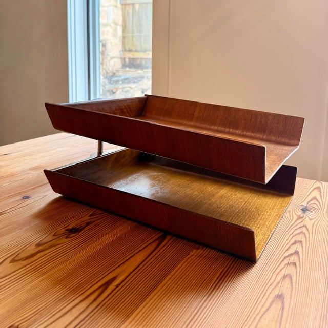 Rare 1950’s vintage Florence Knoll architectural letter tray primarily constructed from molded walnut plywood and...