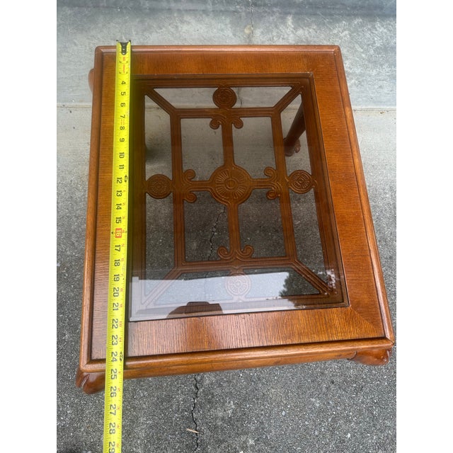 Vintage Chinoiserie Carved Wood End Table With Glass Inset For Sale - Image 9 of 10
