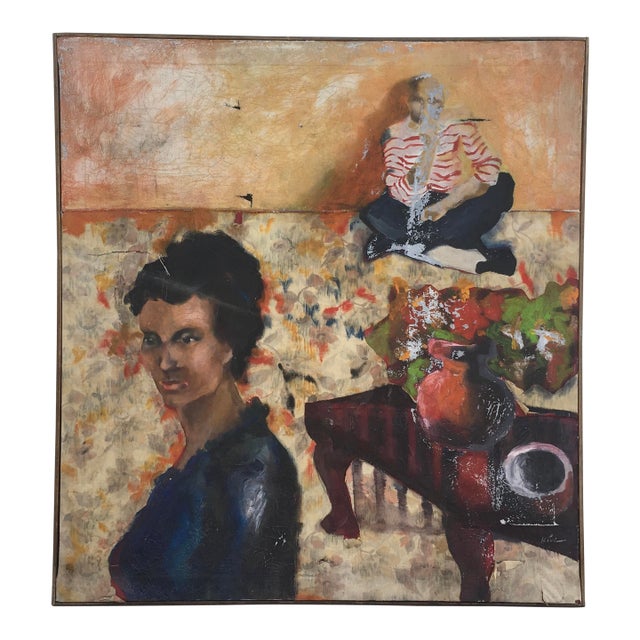 Vintage Original Portrait Still Life Oil Painting Large 34x36 For Sale