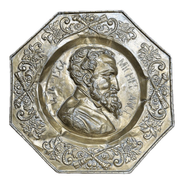 Antique French Michelangelo Brass Repoussé Portrait Plaque, C. Late 19th Century For Sale