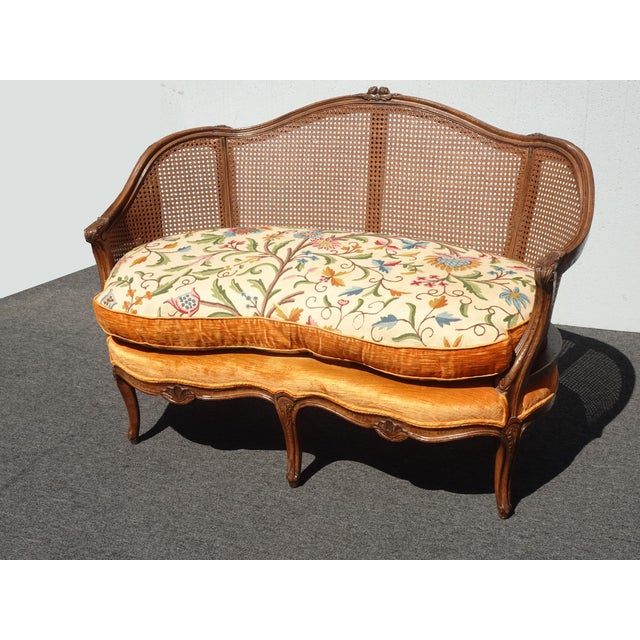 French Antique French Louis XV Style Cane Settee Loveseat W Down & Orange Floral Fabric For Sale - Image 3 of 17