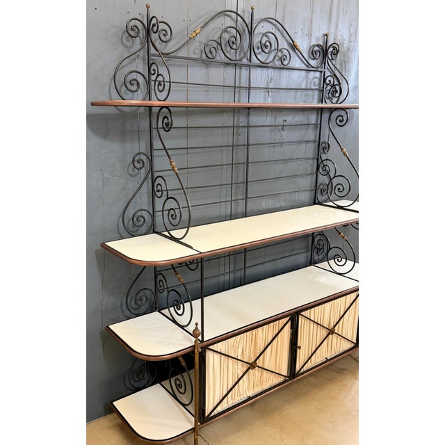 Rare Maison Jansen Style Iron, Brass & Glass Étagère with Cabinet, 1950s A rare and highly decorative mid-century étagère...