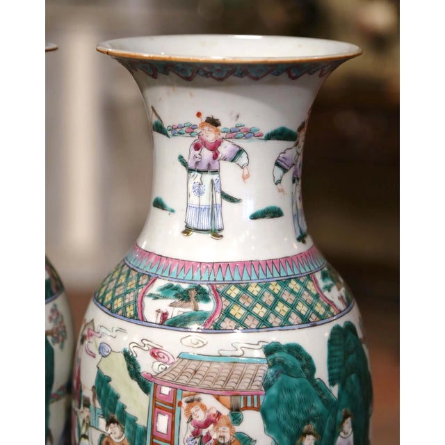 Ceramic Pair of Mid-Century Chinese Famille Rose Porcelain Vases on Wood Bases For Sale - Image 7 of 12
