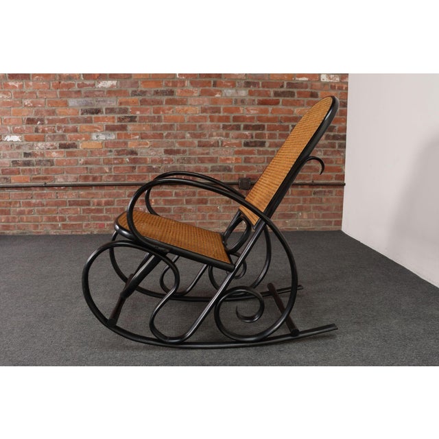 1920s Vintage Thonet Ebonized Bentwood and Rattan Rocking Chair For Sale - Image 5 of 18