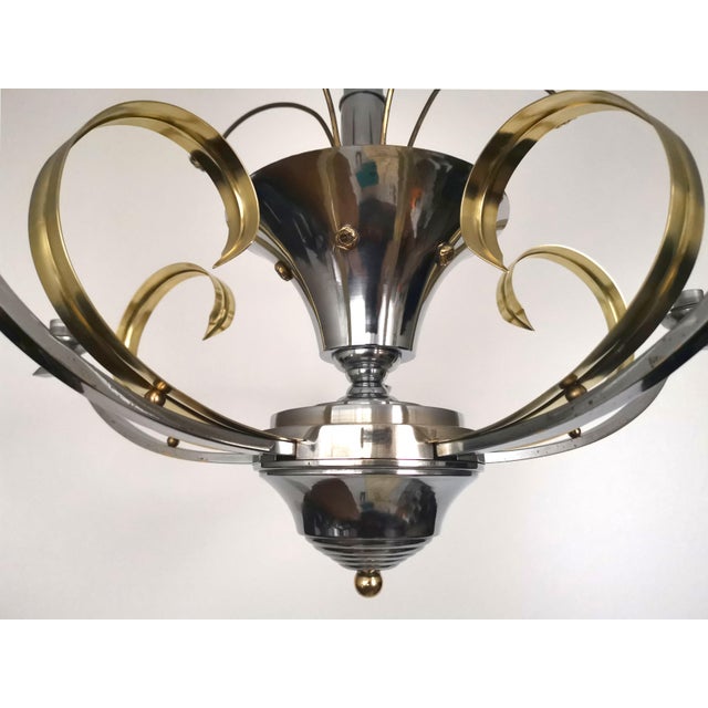 French Art Deco Chandelier in Chrome, Brass and Frosted Glass, 1930s For Sale - Image 3 of 11
