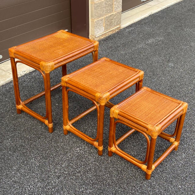 Leather Wrapped Rattan Nesting Tables Set of 3 Chairish