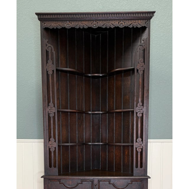 Wood Antique English Jacobean Corner Cabinet Barley Twist Legs Oak Key Tall 1920s For Sale - Image 7 of 18