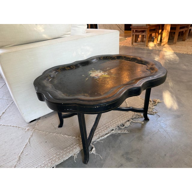 19th Century Antique Chinoiserie Tray Table – 19th C. Papier-Mâché, Faux Bamboo Base, Black Side Table For Sale - Image 5 of 9