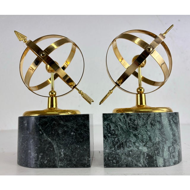 1980s Mid-Century Vintage Marble and Brass Armillary Bookings/Pair For Sale - Image 5 of 9