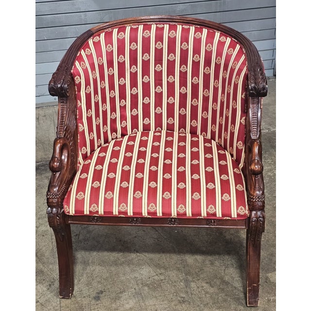 Early 20th Century Pair of English Regency Mahogany Bergeres With Swan Head Carving Red Silk Fabric For Sale - Image 4 of 12