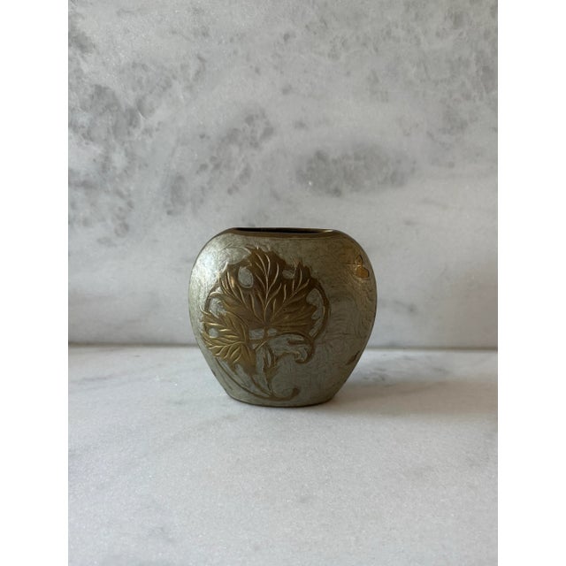 Mid-Century Modern Vintage Brass Enameled Vase With Leaf Design For Sale - Image 3 of 12