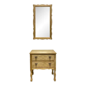 Mid Century Modern Oak Entryway / Hall Cabinet + Mirror Set Attributed to Henning Kjaernulf