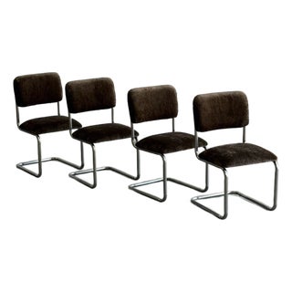 1970s Cantilever Dining Chairs in Brown Chenille - Set of 4 For Sale