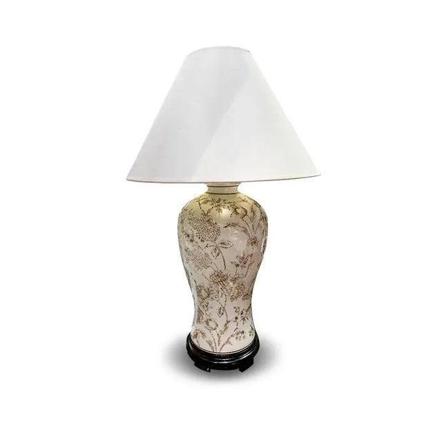 Early 21st Century Large Asian Rounded Taupe Printed Pattern Porcelain Table Lamp For Sale - Image 4 of 4