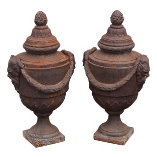 Classical Style Pair of Cast Iron Outdoor Garden Urns For Sale