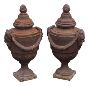 Classical Style Pair of Cast Iron Outdoor Garden Urns