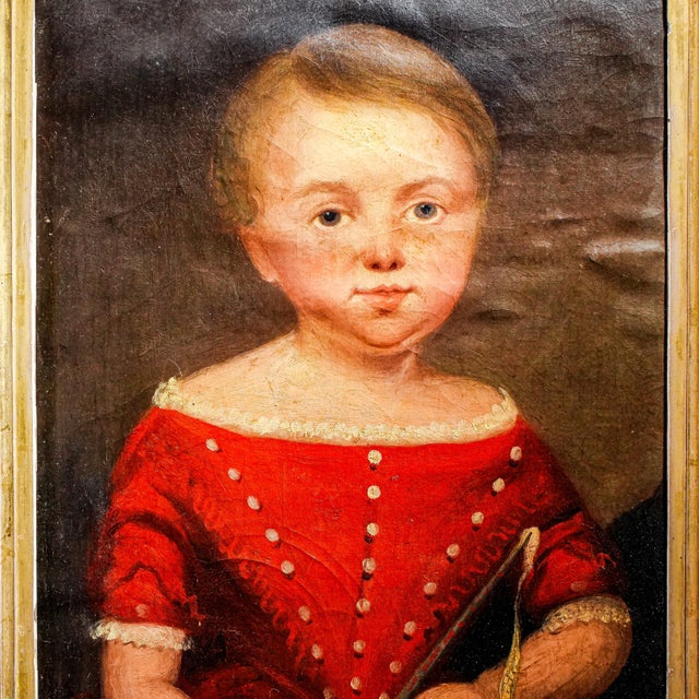 English School Antique Folk Art Oil Painting Portrait in Burr Wood Frame Home Wall Decor For Sale - Image 4 of 18