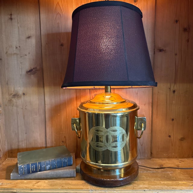 Vintage Chinoiserie Motif Brass Drum Table Lamp on Wooden Base Thomas Cooper For Sale - Image 6 of 6